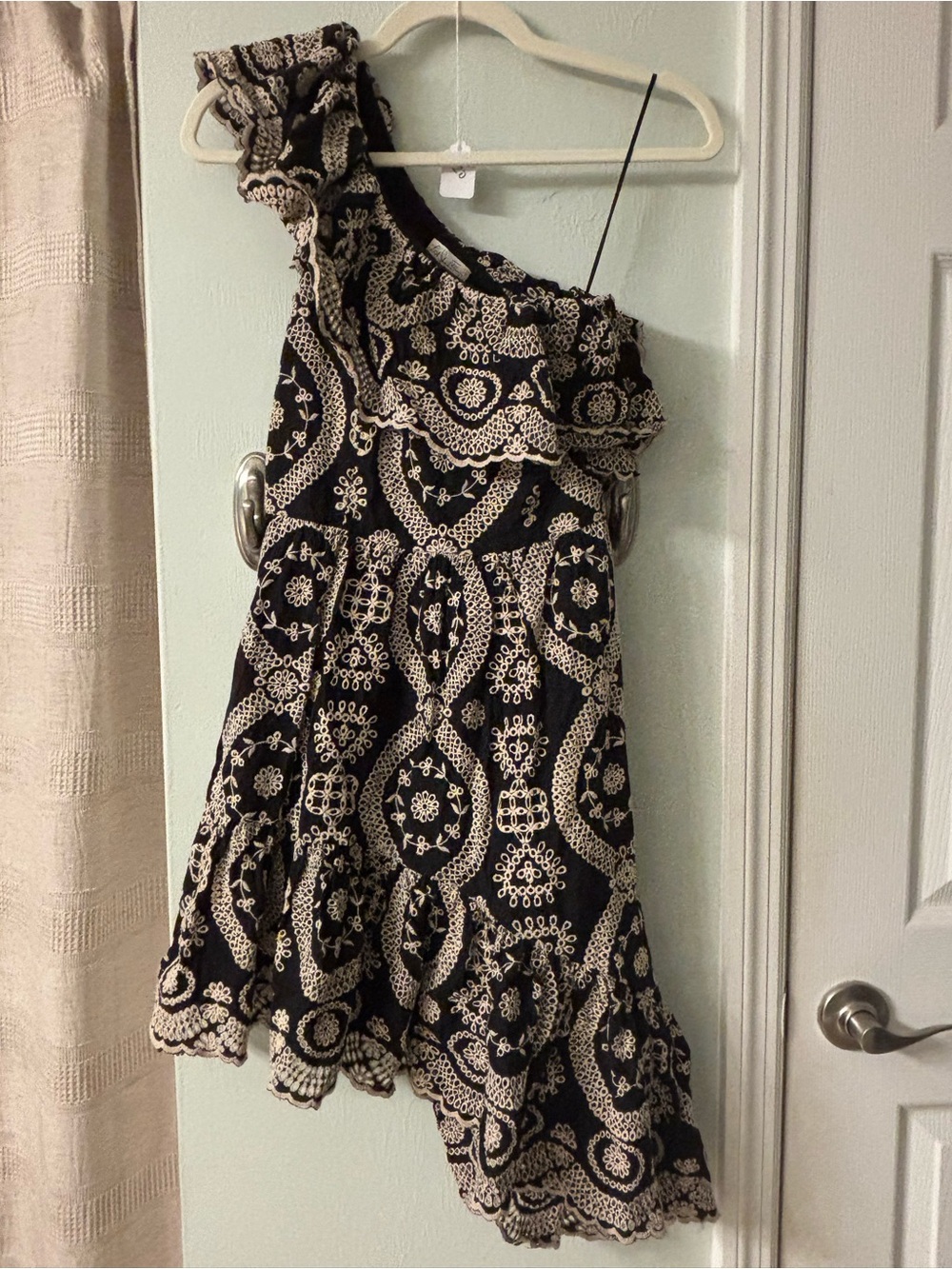 LoveShackFancy Black and Cream One-Shoulder Ruffle Dress